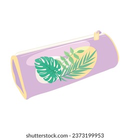 Pencil case with tropical leaves on white background