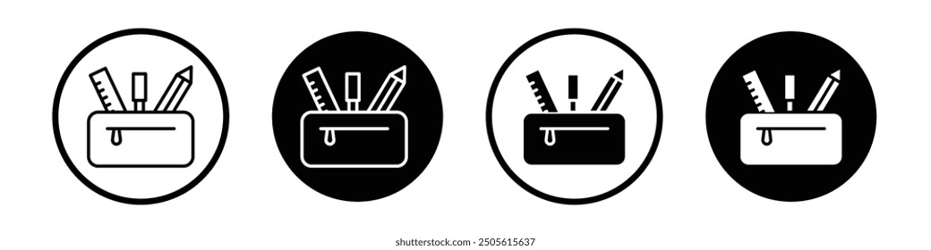 Pencil case vector icon set black filled and outlined style.