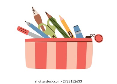 Ilustração do vetor da caixa do lápis com materiais de arte para a escola e o tema da criatividade lúdica. Papel de carta estilo cartoon plano para educação, aprendizagem, design infantil, materiais para sala de aula, de volta à escola