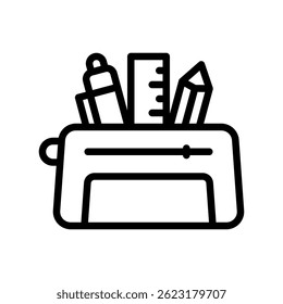 Pencil Case Vector for Stationery Organizer and School Gear. Zipper pouch illustration. Supplies container for students. Line Icon