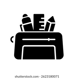 Pencil Case Vector for Stationery Organizer and School Gear. Zipper pouch illustration. Supplies container for students. Glyph Icon