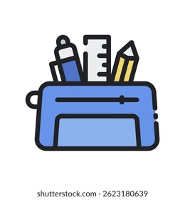 Vetor de caso de lápis para o organizador de artigos de papelaria e engrenagem de escola. Ilustração da bolsa do zíper. Recipiente de suprimentos para estudantes. Ícone Linha Preenchida