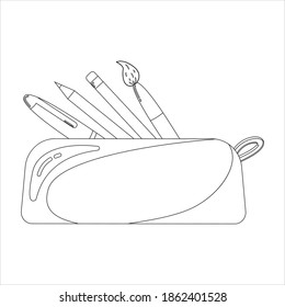 Pencil case for writing materials. School pencil case with pen, pencils and brush. Painting for coloring. Isolated on a white background. Coloring.