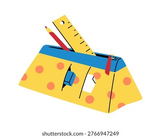 Pencil case with zipper, ruler, and pen in hand drawn style. Symbol of education, study, classroom, and organization for student supply. Cartoon vector illustration.