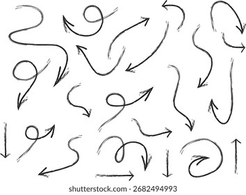Pencil chalk arrow scribbles collection. Hand drawn arrow set with crayon texture vector. hand sketched curved lines Artistic scribbles, design elements set.Grunge style illustration..eps