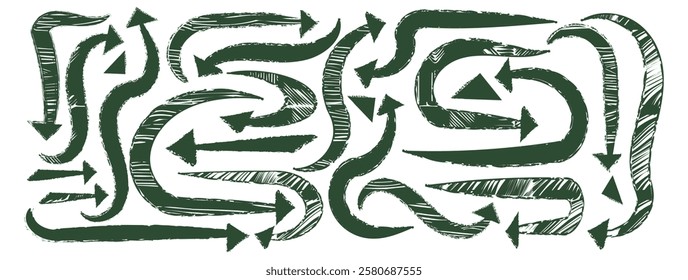 Pencil chalk crayon hand-drawn bold arrow abstract shape. Organic rough curve. Green paint strokes with grunge texture. Freehand sketch ornament. Vector graphic illustration, isolated white background