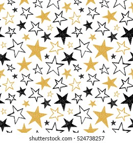 Pencil Or Chalk Drawn Five-pointed Stars Of Different Size Seamless Vector Pattern. Rough Texture. Free Hand Drawn Cosmic Background. Black And Yellow, Gold Doodle Style Star Shapes.