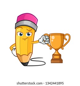 pencil champion with Trophy mascot vector cartoon illustration