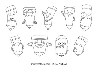 Pencil character cartoon. Coloring Page. Different emotions school subject. Vector drawing. Collection of design elements.