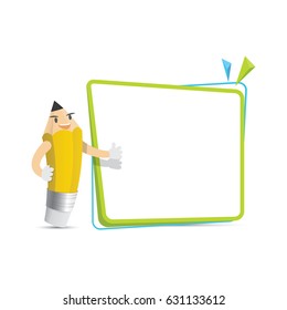 Pencil Character Cartoon Design And Text Box Frame For Message Illustration Vector. Education Concept.