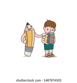 The pencil character encourage the boy that carry on many homework books illustration vector on white background. Education and study concept.