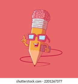 Pencil character with glasses holding books vector illustration. Learning, school, education design concept.