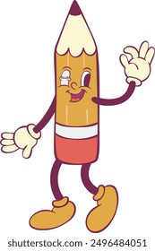 Pencil character retro groovy mascot