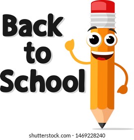 Pencil character smiling and waving on a white. Back to school