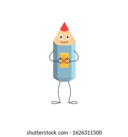 pencil character with yellow book in flat style. concept of cute clever emoticon, artistic teaching. humanized funny pencil teacher. creative art. cheerful object isolated on white background