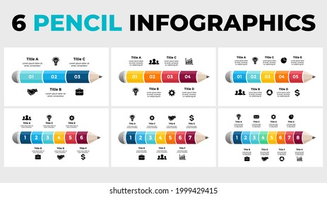 Pencil chart infographics pack. Educational 3D concept. 3, 4, 5, 6, 7, 8 steps, options, parts diagram. Vector slide template layout. Creative colorful illustration. 