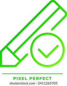 Pencil with check mark pixel perfect gradient linear vector icon. Voting process. Writing approved information. Thin line color symbol. Modern style pictogram. Vector isolated outline drawing
