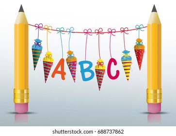 Pencil with checked hanging candy cones and ABC letters. Eps 10 vector file.