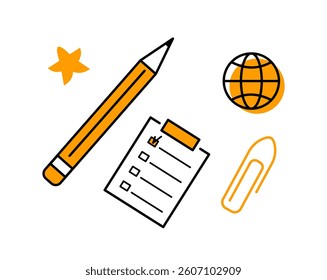 Pencil, checklist, globe, star, and paperclip drawn in minimal flat style on white background. Concept of workspace, productivity, and organization. Vector illustration