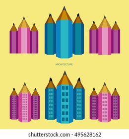 Pencil  city version of pink and blue buildings