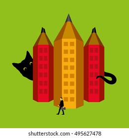 Pencil  city version of strange city life with walking man and very big cat