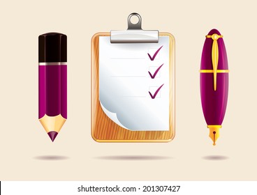 Pencil, clipboard and pen glossy icons
