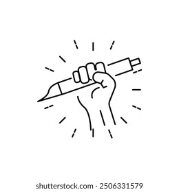 pencil in closed hand icon, creative education revolution, lightning fist, logo, thin line web symbol - editable stroke vector illustration eps10