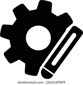 Pencil Cogwheel Icon . Engineering Developing Designing Illustration. Learning Process Ina black and white icon of a gearwheel and pen. in modern design
