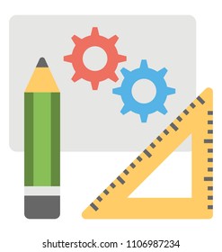 
Pencil, cogwheels symbolising drafting or designing tools
