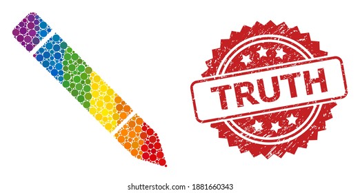 Pencil collage icon of circle spots in variable sizes and LGBT colorful color tints, and Truth rubber rosette stamp seal. A dotted LGBT-colored Pencil for lesbians, gays, transgenders, and bisexuals.