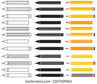 pencil collection outline silhouette and colored set in different shapes