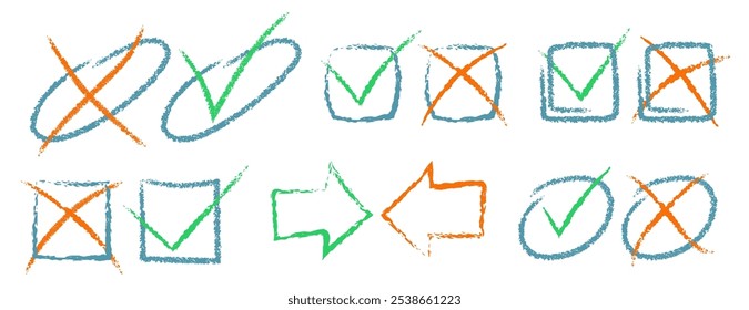 Pencil Color Check Box Vector Set. Chalk Scribble Tick Mark Shapes Collection. Colorful Hand Drawn Brush Texture Checkmark Highlight Squiggle. Pencil Emphasis Elements Charcoal Doodle Frames Bundle