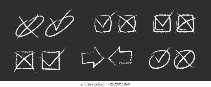 Pencil Color Check Box Vector Set. Chalk Scribble Tick Mark Shapes Collection. Colorful Hand Drawn Brush Texture Checkmark Blackboard Squiggle. Pencil Emphasis Elements Charcoal Doodle Frames Bundle