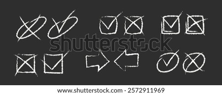 Pencil Color Check Box Vector Set. Chalk Scribble Tick Mark Shapes Collection. Colorful Hand Drawn Brush Texture Checkmark Blackboard Squiggle. Pencil Emphasis Elements Charcoal Doodle Frames Bundle