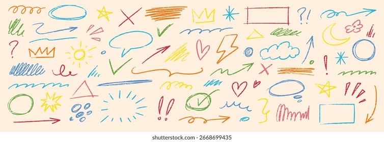 Pencil color crayon line element set. Hand drawn scribble chalk pencil stroke colorful swirl, flower, cloud and arrow shape with crayon rough texture. Children paint background. Vector illustration