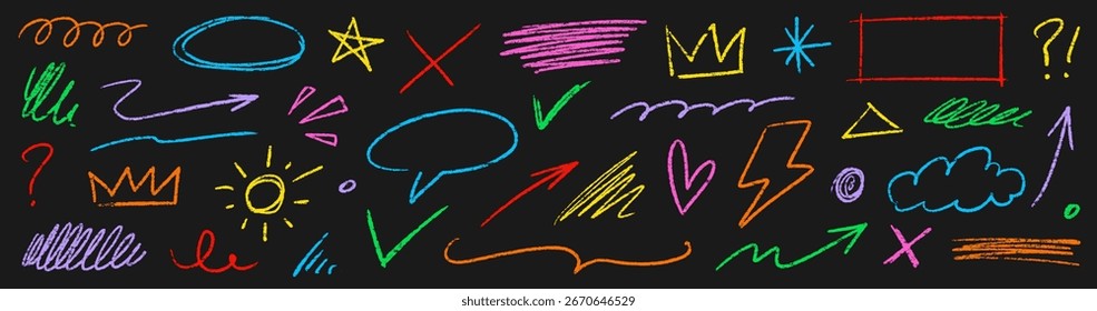 Pencil color crayon line element set. Hand drawn scribble chalk pencil stroke colorful swirl, flower, cloud and arrow shape with crayon rough texture. Children paint background. Vector illustration