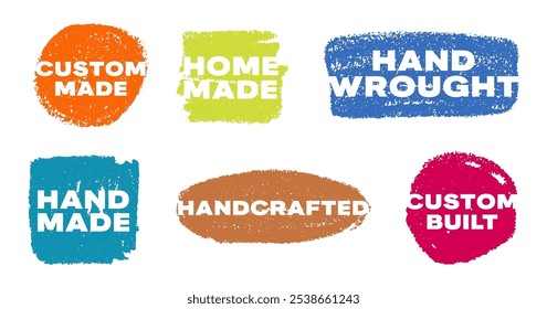 Pencil Color Hand Made Squiggle Labels Vector Set. Chalk Scribble Handcrafted Sign Shapes Collection. Colorful Hand Drawn Brush Texture Quality Squiggle Stamps. Pencil Charcoal Doodle Emblems Bundle