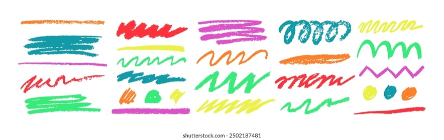 Pencil color line. Crayon brush, highlight underline collection isolated elements for design, texture scrawl borders. Circle sketch shape, scratch, paint. Background chalk sketchy. Vector tidy pen