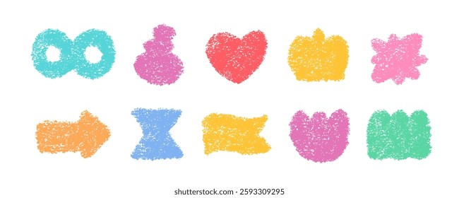 Pencil Color Squiggle Retro Abstract Stickers Vector Set. Chalk Scribble Handcrafted Sign Shapes Collection. Colorful Hand Drawn Brush Texture Squiggle Labels. Pencil Charcoal Vintage Emblems Bundle