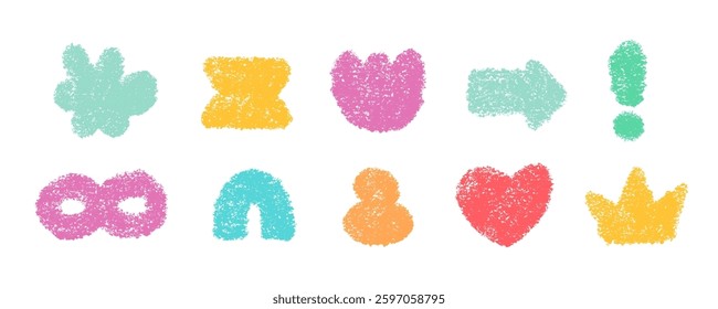 Pencil Color Squiggle Retro Abstract Stickers Vector Set. Chalk Scribble Handcrafted Sign Shapes Collection. Colorful Hand Drawn Brush Texture Squiggle Labels. Pencil Charcoal Vintage Emblems Bundle