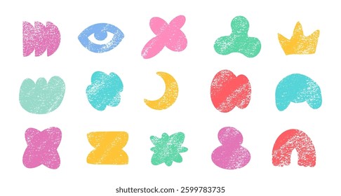 Pencil Color Squiggle Retro Abstract Stickers Vector Set. Chalk Scribble Handcrafted Sign Shapes Collection. Colorful Hand Drawn Brush Texture Squiggle Labels. Pencil Charcoal Vintage Emblems Bundle