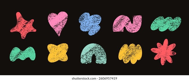 Pencil Color Squiggle Retro Abstract Stickers Vector Set. Chalk Scribble Handcrafted Sign Shapes Collection. Colorful Hand Drawn Brush Texture Squiggle Labels. Pencil Charcoal Vintage Emblems Bundle