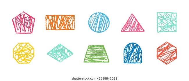 Pencil Color Squiggle Retro Geometric Stickers Vector Set. Chalk Scribble Handcrafted Crayon Shapes Collection. Colorful Hand Drawn Brush Texture Squiggle Labels. Charcoal Vintage Emblems Bundle