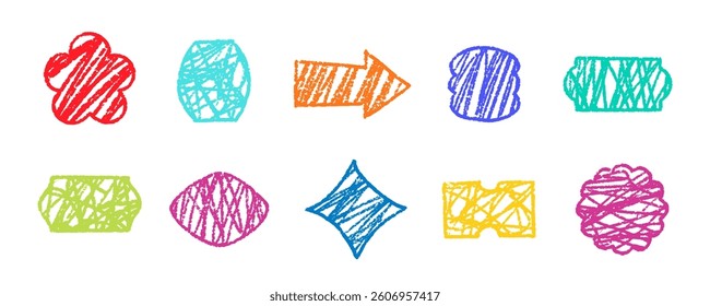 Pencil Color Squiggle Retro Geometric Stickers Vector Set. Chalk Scribble Handcrafted Crayon Shapes Collection. Colorful Hand Drawn Brush Texture Squiggle Labels. Charcoal Vintage Emblems Bundle