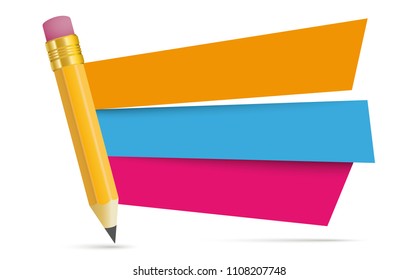 A pencil with colored paper banners on the white background. Eps 10 vector file.