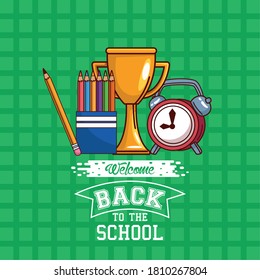 diseño de trofeo y reloj de lápices de colores, Volver a la clase de educación escolar y tema de lección Ilustración vectorial