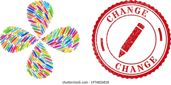 Pencil colored twirl flower with four petals, and red round CHANGE dirty stamp. Pencil symbol inside round badge. Object flower with 4 petals organized from random pencil items.