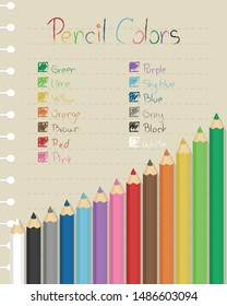 Pencil colors vector illustration. Set of pencil colors and paper note. Colors name on paper note. 