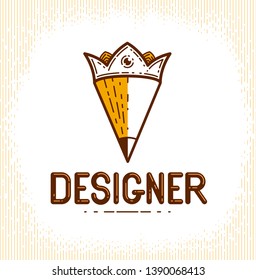 Pencil combined with crown, vector simple trendy logo or icon for designer or studio, creative king, royal design, linear style.