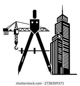 Pencil and compass with crane and building